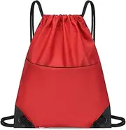 Drawstring Backpack Bag Ox Cloth D String Back Sack with Zip Pocket for Sports Traveling Red
