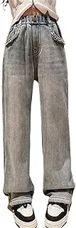 [Generic] Toddler Girl Sweatsuit Summer and Autumn New Models for Middle and Large Children Retro Wide Leg Straight Pants Trendy Loose Casual Denim Trousers Ruffle Pants for Big Girls 10