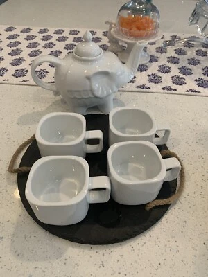 white Elephant Tea Kettle & 4 Cups High Quality Double Layer.