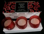 Set of 3 Votive Candles & Red Holders Sentiments Hope Joy Love OF30