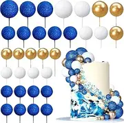 32 PCS Ball Cake Picks Colorful Ball Shaped Cake Topper Pearl Balls Cupcake Cake Insert Topper for Birthday Party Wedding Decoration Supplies Glitter Blue Gold White