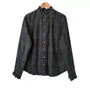 J. Crew Factory Black Watch ruffleneck button-up Blouse L Green Black NWT CD287