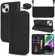 Cavor Crossbody Wallet for iPhone 14 Case iPhone 13 6.1'' Case Litchi Pattern Flip PU Leather Magnetic Shoulder Lanyard with Card Slots Kickstand Protective Cover for Woman Man-Long Strap Black