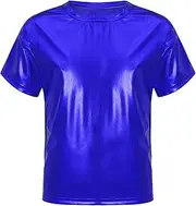 [Raenseen] Boys Girls Shiny Metallic Dance Shirt Jazz Hiphop Street Dance Tops Short Sleeve Performance Shirts