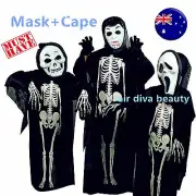 Ghost Halloween Mask + cape Black Skeleton Bone Skull Costume Tops Gown Cover