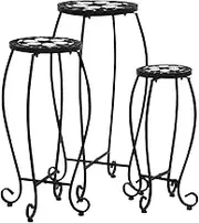 3 Pcs Plant Table with Curved Legs, Mosaic Side Tables, Accent Tables, End Tables, Coffee Tables for Balcony and Deck, Ceramic Tile