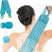 MKUCCD Exfoliating Back Scrubber with Handle, Exfoliating Glove and Bath Loofah Set, Body Exfoliator Bath Tool Deep Cleansing Skin, for Both Men and Women - 3 Pack (85 * 9.5CM,Navy blue)