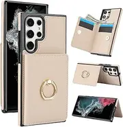 Boyobacase for Samsung Galaxy S23 Ultra 5G Case Wallet with Card Holder,for Galaxy S23 Ultra 5G Flip Case 360°Rotation Ring Holder Kickstand Phone Cover with 4 Card Slots and Cash Pocket-Beige