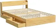 Artiss Double Bed Frame with 2 Storage Drawers, Platform Bed with Headboard, Bed Base with USB Ports, Sturdy Wooden Slat Support, 300KG Capacity Guest Bed for Bedroom Furniture, Easy Assembly