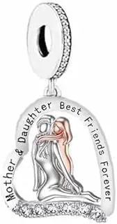 [Mon & Sons] Mother Daughter Best Friends Forever Love Heart Charm Bead Pendant 925 Sterling Silver Dangle Compatible With Pandora Charm Bracelet, Metal