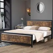 Levede Metal Queen Bed Frame Base, Industrial Bedframe with Wooden Headboard and Footboard No Box Spring Needed Mattress Foundation Under Bed Storage Noise Free Mattress Frame(Rustic Brown)