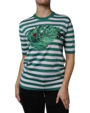 Dolce & Gabbana Striped Knit Top Leaf Appliqu Women White