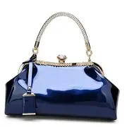 Glossy Patent Leather Handbag for Women Top Handle Tote Bag Evening Blue