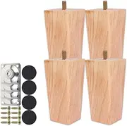 4 Set Wooden Sofa Legs 6/15/20cm Replacement Height Furniture Legs Solid Wood Table Legs Square Furniture Feet with Screws Mounting Plate Pads Sofa Couch Chair Bed Table Cabinet (Wood Color, 100mm)
