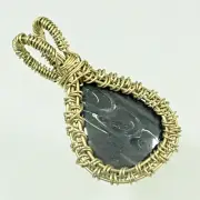 Black Fossil Cabochon Silver Wire Wrap Pendant Elegant Handcrafted Jewelry