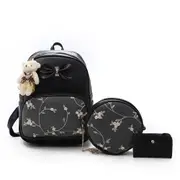 3 in 1 Bow & Embroidered Floral Pattern Double Shoulders School Bag Travel Backpack Bag with Bear Doll Pendant (Black)