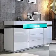 Buffet Sideboard Corner TV Stand Cabinet LED Light Entertainment TV Unit Table High Gloss 3 Drawers White