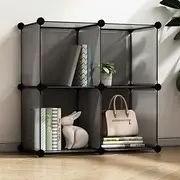 Ricjurzzty Open Versatile PP Resin Storage Rack Organizer Shelf for Books,Toys,and Decor,Stackable Bookcase Cabinet Wardrobe Closet Shelves for Home,Office,Kids Bed Room (Black Translucent, 4 Cubes)