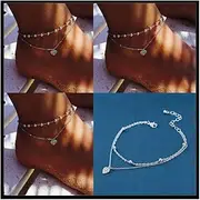 [Yeesabella] 3 PCS Double Anklet,Silver Heart Ankle Bracelets,Layered Love Beads Foot Chain Anklet,Foot Jewelry for Women and Girls