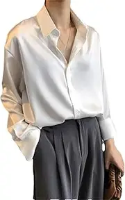 [Hcclijo] Spring Satin Shirt Elegant Slim Blouse for Women Loose Open Stitch Tops Korean Turn-Down Collar Clothing