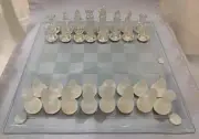 Classic Glass Chess Set, Clear & Opaque Glass, 14” Playing Board - Great Gift