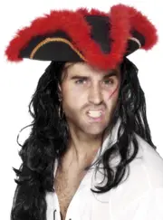 Feather Trim Red and Black Pirate Costume Hat