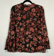 CHICO'S Top Womens Sz 1 Black Red Jacobean Floral Ruffle-Neck Long Sleeves NWT