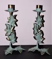 Pair of Verdigris PartyLite Candlesticks Ivy Leaf Brass with Green Patina Taper