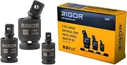 RIGOR 11601 Universal Joint Swivel Socket Adapter Set | 3-Piece, 1/2", 3/8", 1/4" U joint Drive | Pinless joint design, Cr-Mo Steel, Impact Grade | Include an Aluminum Socket Rail