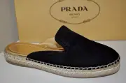 NIB $490+ PRADA Espadrille Loafer Mule Slide Flat Shoe Black Suede 38.5EU - 8US