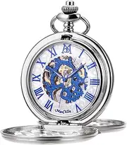 [ManChDa] Classic Pocket Watch Retro Dial with Roman Numerals Steampunk Skeleton Mechanical Delicate Movement for Men Women with Chain + Gift Box