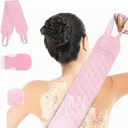 MKUCCD Exfoliating Back Scrubber with Handle, Exfoliating Glove and Bath Loofah Set, Body Exfoliator Bath Tool Deep Cleansing Skin, for Both Men and Women - 3 Pack (85 * 9.5CM) (Pink)
