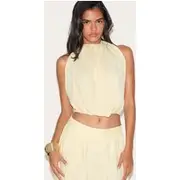 Lemon Linen Blend Highneck Backless Puffball Top, Lemon