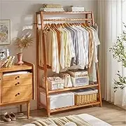 Bamboo Garment Rack With 3-Tier Storage Shelves and 10 Hooks for Clothes, Shoes, Hats, Bags - Large Coat Stand for Entryway, Bedroom, Living Room, Guest Room