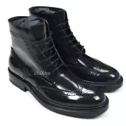 NWT $1K+ Saint Laurent Black Patent Leather Brogue Army Boots Men's 41 AUTHENTIC