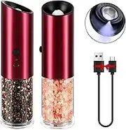 Vzaahu Electric Salt and Pepper Grinder Set of 2, Rechargeable USB, Adjustable Coarseness, Red Color, Battery Operated, Electrical Spice Mills Shaker with Light