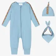 Burberry Claude Mini Check Panel Romper,Hat & Bib Set Blue 6M 80484091 NWT $300