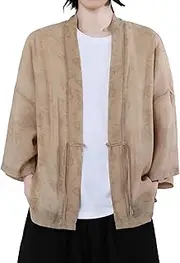 [PRIJOUHE] Men's Cotton Linen Kimono Jacket Lightweight Open Front Kimono Cardigan Japanese 3/4 Sleeve Yukata Coat