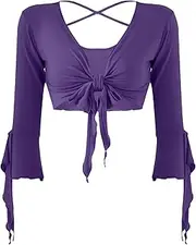 [TiaoBug] Women's Belly Dance 3/4 Sleeve V Neck Tie Front Crop Top Blouse Cardigan Wrap Top Dancewear