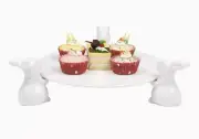 Decorative White Ceramic Cake Stand w/ Rabbit Design, Bunny Dessert Serving Tray
