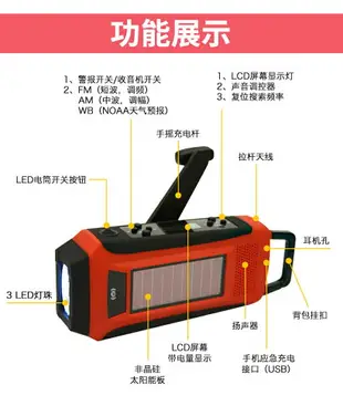 戶外手電筒太陽能手搖收音機家庭應急物資儲備包消防防災燈多功能