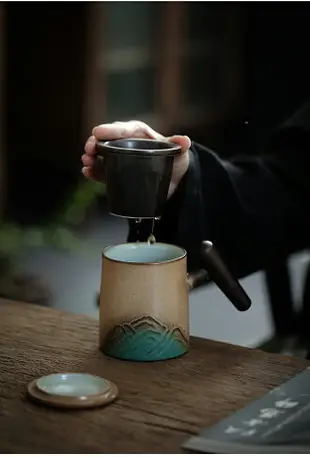 窯變蒼山木柄過濾泡茶杯帶蓋陶瓷水杯辦公杯茶水分離杯個人專用杯