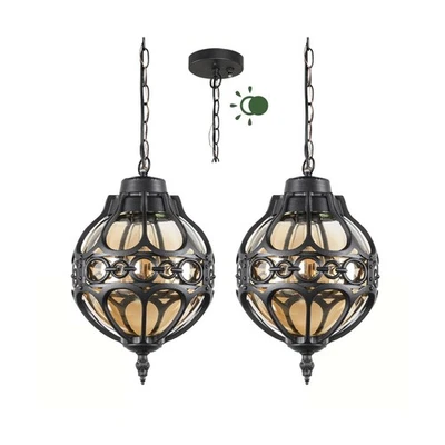 Dusk to Dawn Globe Outdoor Pendant Lights for Porch Garage, Black Round Alumi...