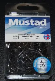 50 Mustad 39944BN-90 Classic In-Line Demon Perfect Circle Hooks Size 9/0