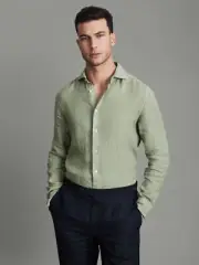 $160 REISS Ruban Linen Button Through Shirt | Pistachio | Small