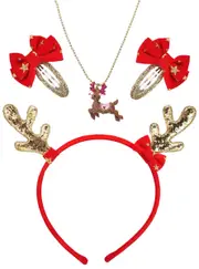 Sparkly Gold and Red Girls Reindeer Christmas Accessory Set