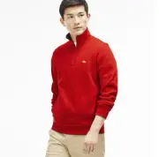 Lacoste Men's Half Zip Lightweight Sweatshirt with Logo at Neck, Bright Cherry