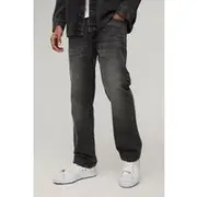 Mens Charcoal Straight Leg Back Pocket Embroidered Jeans