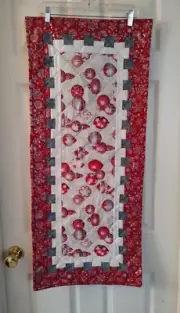 Christmas Table Runner NEW Quilted With Silver Accents 18"x40" Red White Silver