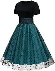 [Generic] Women Short Sleeve 1950s Vintage Cocktail Party Swing Dress Colorblock Patchwork 50s Polka Dot Dress Ruched Mesh Tulle Dress